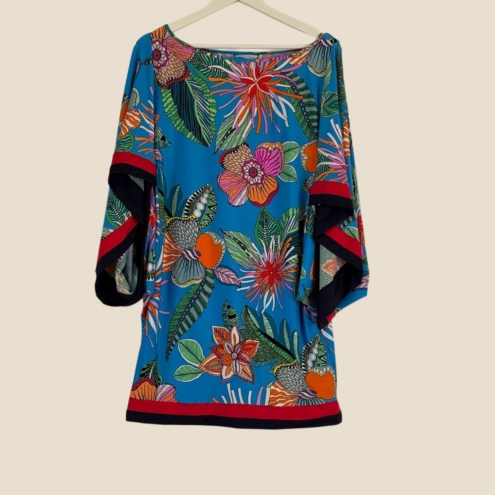 Trina Turk Womens Floral Batwing Sleeve Tunic Top Blue Resortwear Size O/S